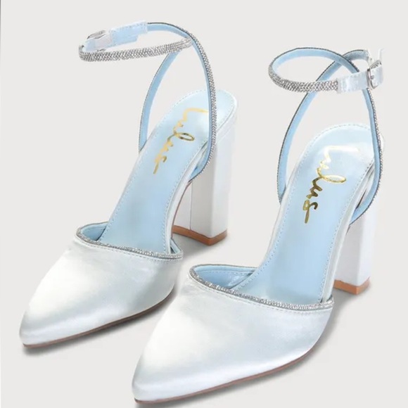 Lulus Chakay Sky Blue Satin Rhinestone Pointed-Toe Ankle-Strap Heels 8.5 new - Picture 4 of 10